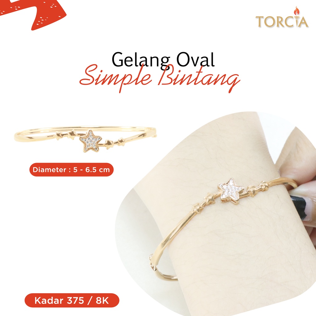 Gelang Oval Emas Asli Simple Bintang Kadar 375 Torcia