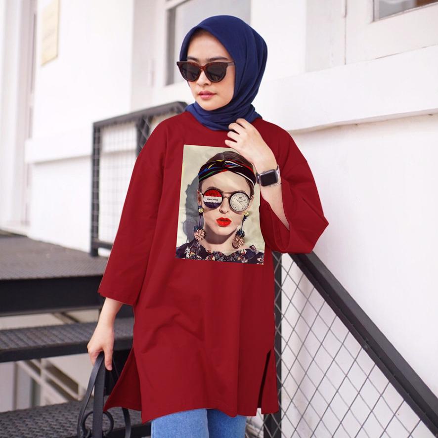 KAOS OVERSIZE TOP HIJAB WANITA BASIC DTF CEWEK BANDO / OVERSIZE SLIT BLOUSE GAMBAR DTF / DIGITAL PRINT