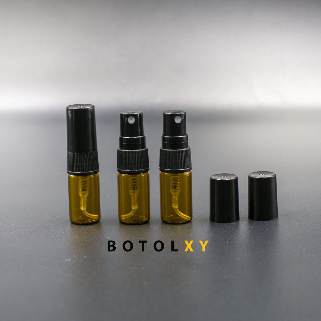 Botol Spray Kaca 2ml Amber / Coklat Parfum Refill Travel Tutup Hitam