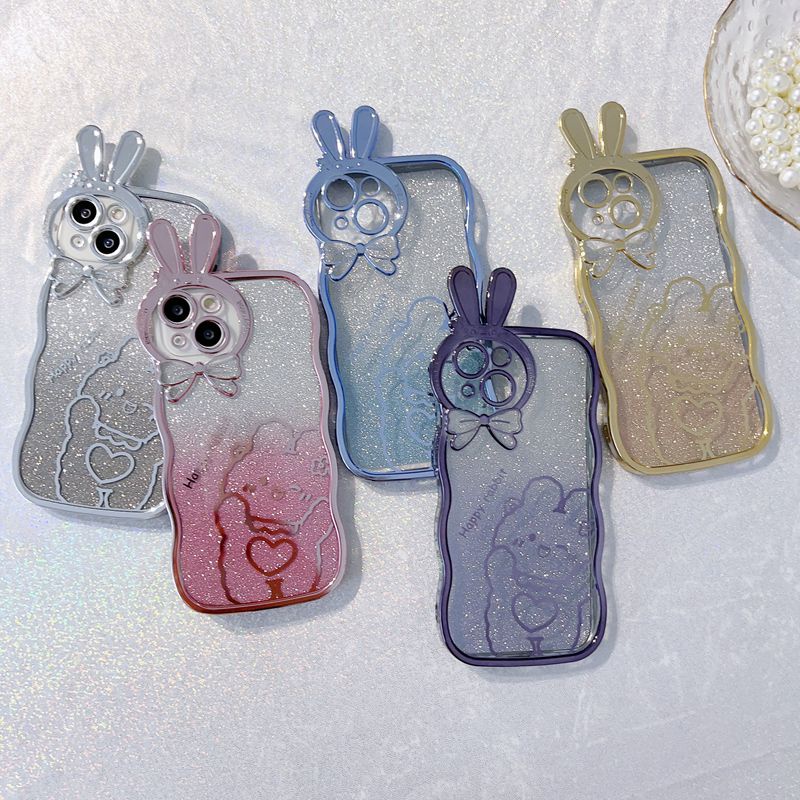 Cute Rabbit Glittering Big Wave Design Electroplating Soft Silicone Bunny Case hp for iPhone 14 Plus Casing IPhone 11 12 13 14 Pro Max Women's Girls Gifts Bumper Cover