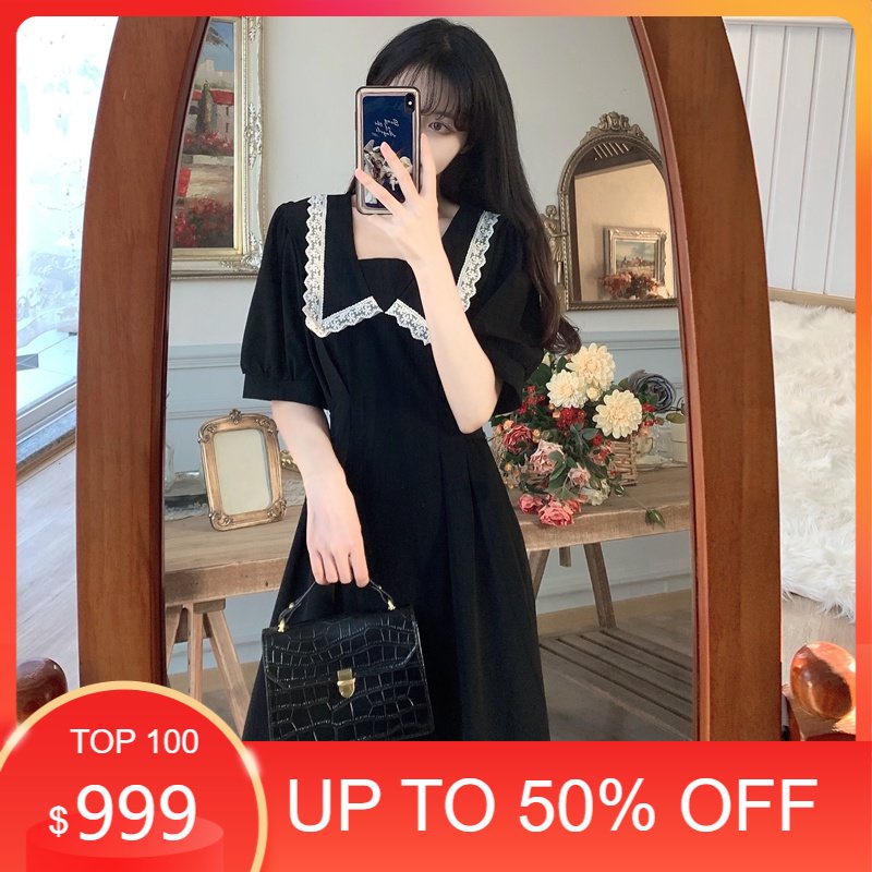 dress korea viral/  pakaian korea/ baju korea/Musim panas muda gaya baru boneka wanita kerah dress hitam ramping mid-length realpict