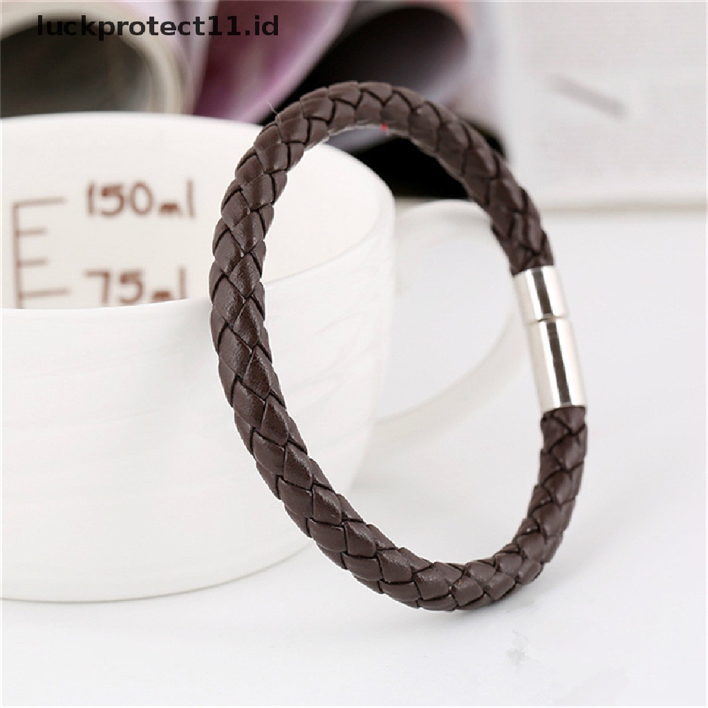 /Fashion Hot// Fashion// Wanita Pria Hitam Kulit Charm Gelang Stainless Steel Gelang Gesper Magnet.