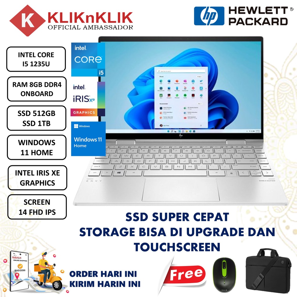 Laptop Murah HP Pavilion X360 14 Intel Core I5 1235U 8GB 1TB 14&quot; FHD IPS IRIS XE Windows 11 Home Silver TErlaris