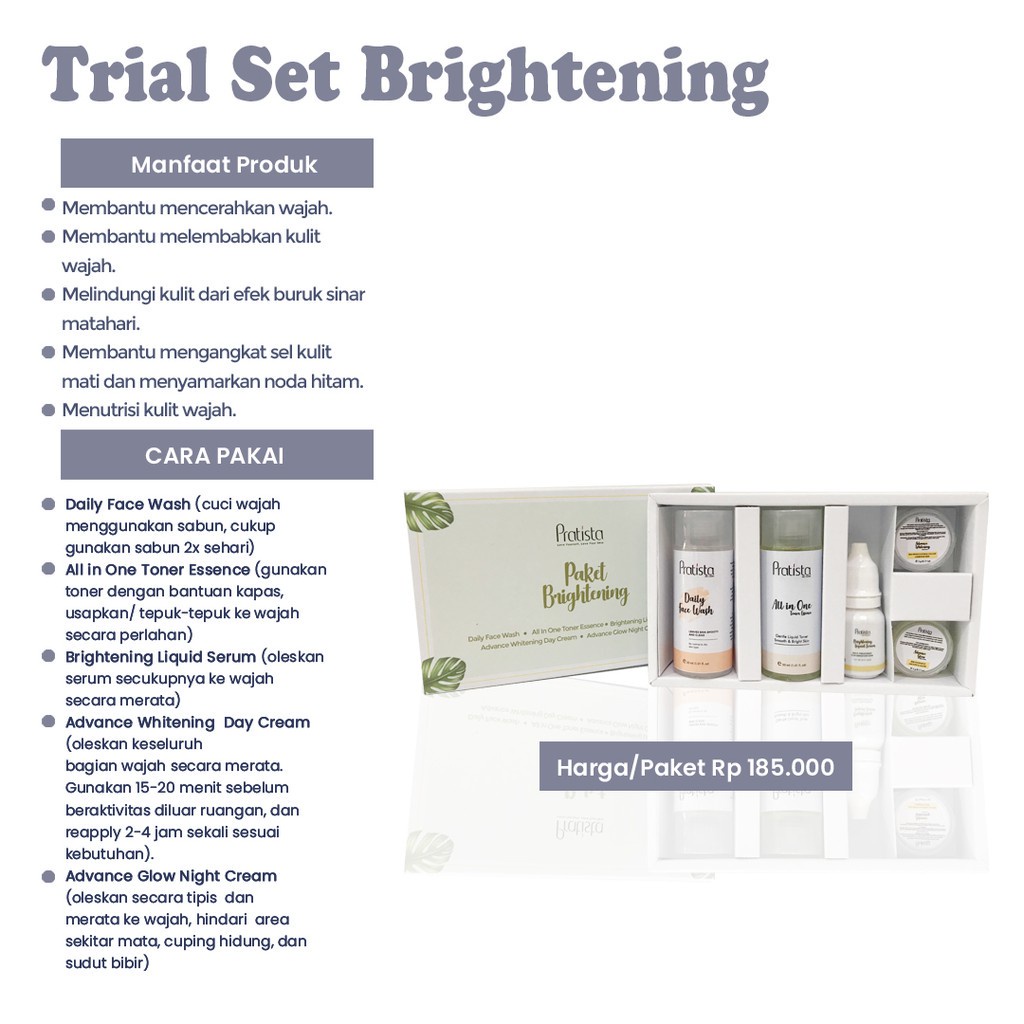 Paket Skincare Pencerah Wajah Pratista Trial Set Brightening Series Penghilang Flek Wajah Mini Skincare Traveling Pratista Ori