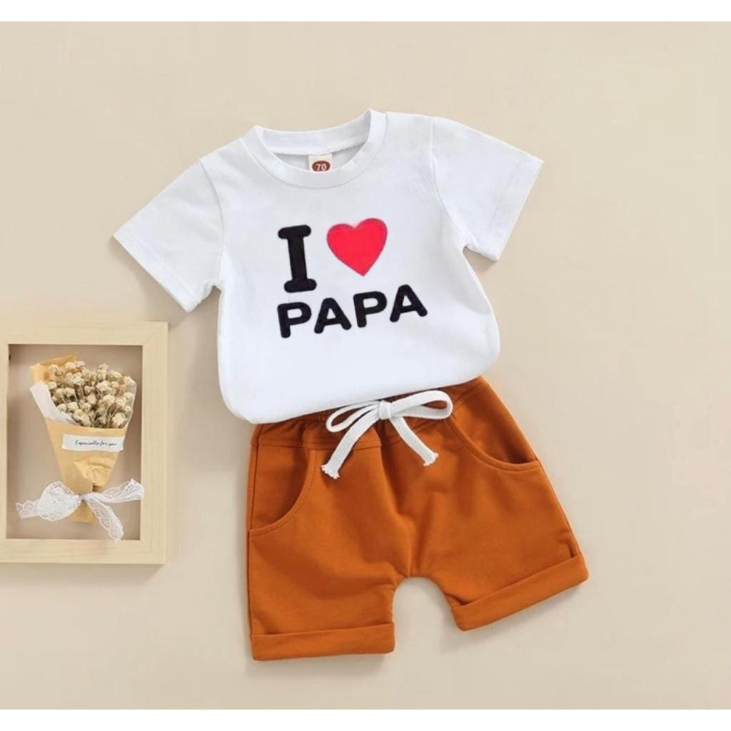 Setelan anak laki-laki dan perempuan bahan katun motif i love mamam papa usia 1 sampai 6 tahun