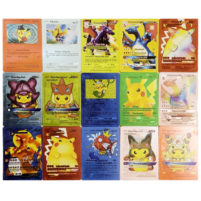 10 Pcs 54 Pcs Logam Kartu Pikachu Emas Inggris Warna-Warni Charizard Pikachu Vmax GX EX Battle Trainer Cards Koleksi Game Booster Mainan Anak