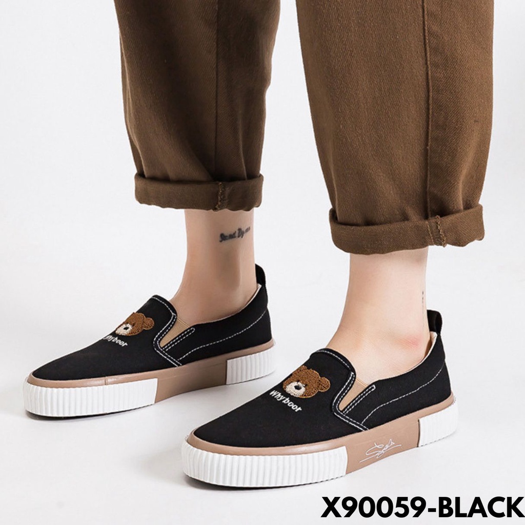 SEPATU LOAFERS WANITA KEKINIAN MOTIF BERUANG POPULER IMUT KESAN KEREN BAHAN CANVAS IMPORT 90059