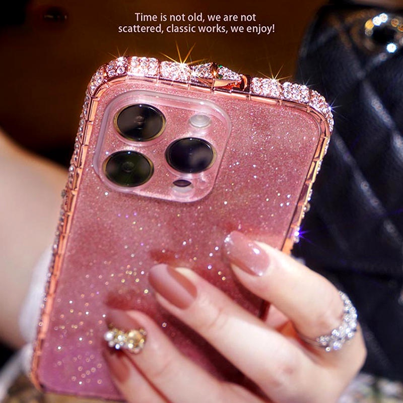 IPHONE Bingkai Bor Kepala Ular Logam Serbuk Glitter Akrilik Plat Belakang Casing Ponsel Untuk Iphone14 13 12 11 Pro Max Plus Penutup Berlian Mewah Untuk Iphone12Mini iPhone14Plus