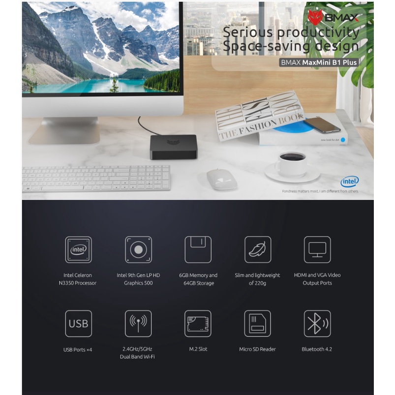 Mini PC BMAX B1 Plus 6/64GB Intel N3350 HDMI VGA WiFi Windows 10 Pro