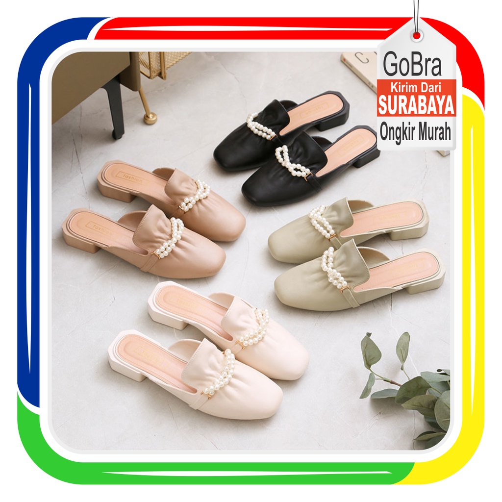 Gobra ♕ SA029 Sandal Wanita Mutiara Trend Flat Fashion Kasual Simple Sendal Wanita Import