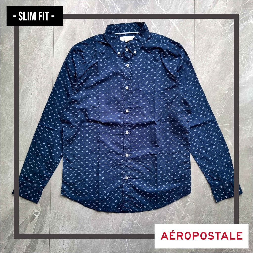 Kemeja Pria AEROPOSTALE Lengan Panjang Navy Abstrak Putih ORIGINAL