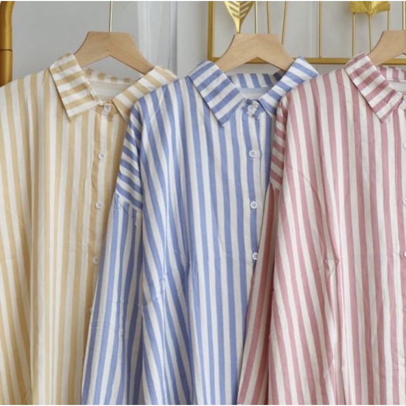 Atasan Wanita Motif  Salur Oversize Kemeja Kuliah Terbaru