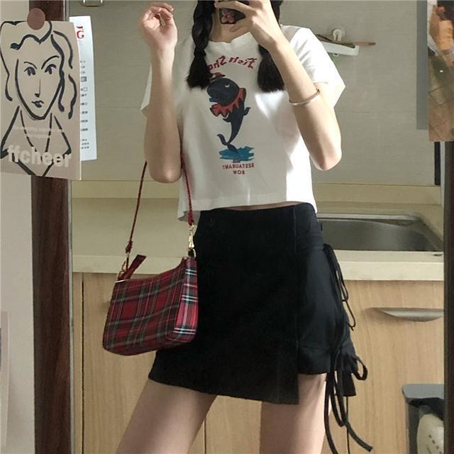 Suhao Setelan Jas Dua Potong Wanita Musim Panas Siswa Baru Gaya Korea Chic T-shirt Pendek Top + Anti-Light Strapping celana Pendek Hakama