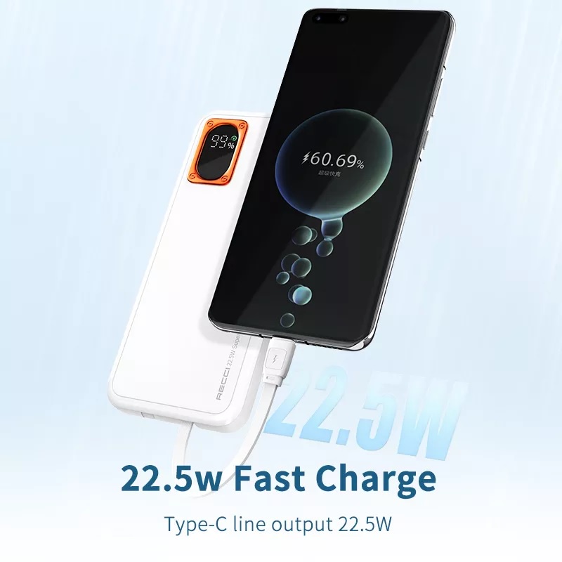 RECCI RPB-P28 PHANTOM 10000mAh Powerbank - 2 Built-in Cables - PD20W - Powerbank Terbaru dari RECCI dengan Kabel Built-in