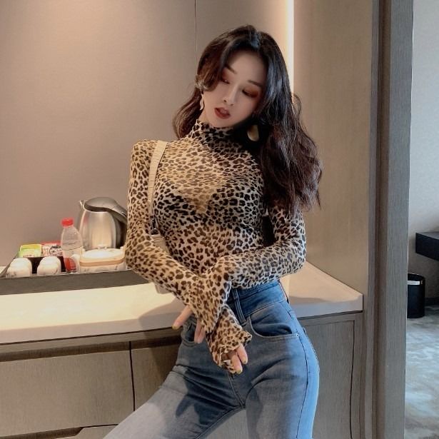 ✓▽✷Suhao chic gaya Hong Kong kerah setengah tinggi leopard top wanita musim gugur dan musim dingin temperamen slim slim lengan panjang T-shirt seksi kemeja bottoming