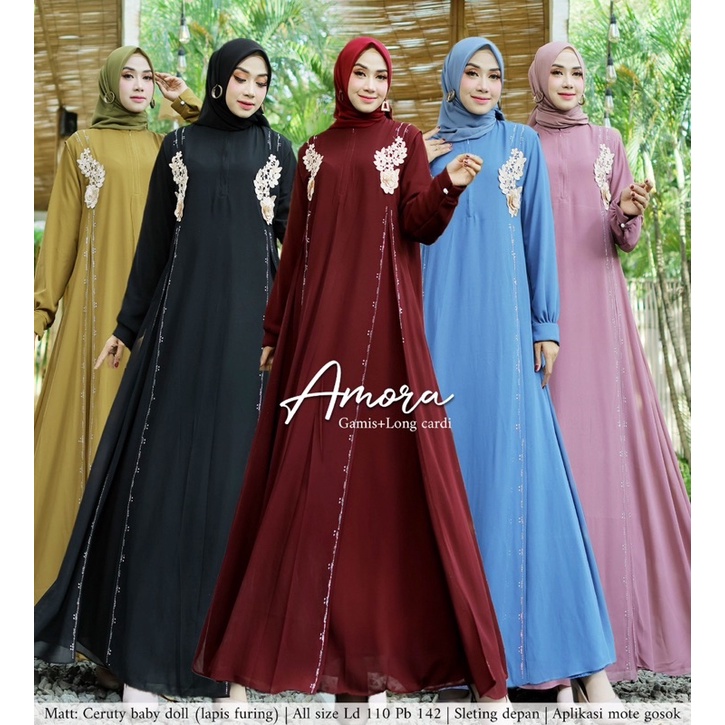 Humaira99 Set Amora Gamis syari set Long cardi 2in1 bahan ceruty babydoll mix bordir payet maxi oute