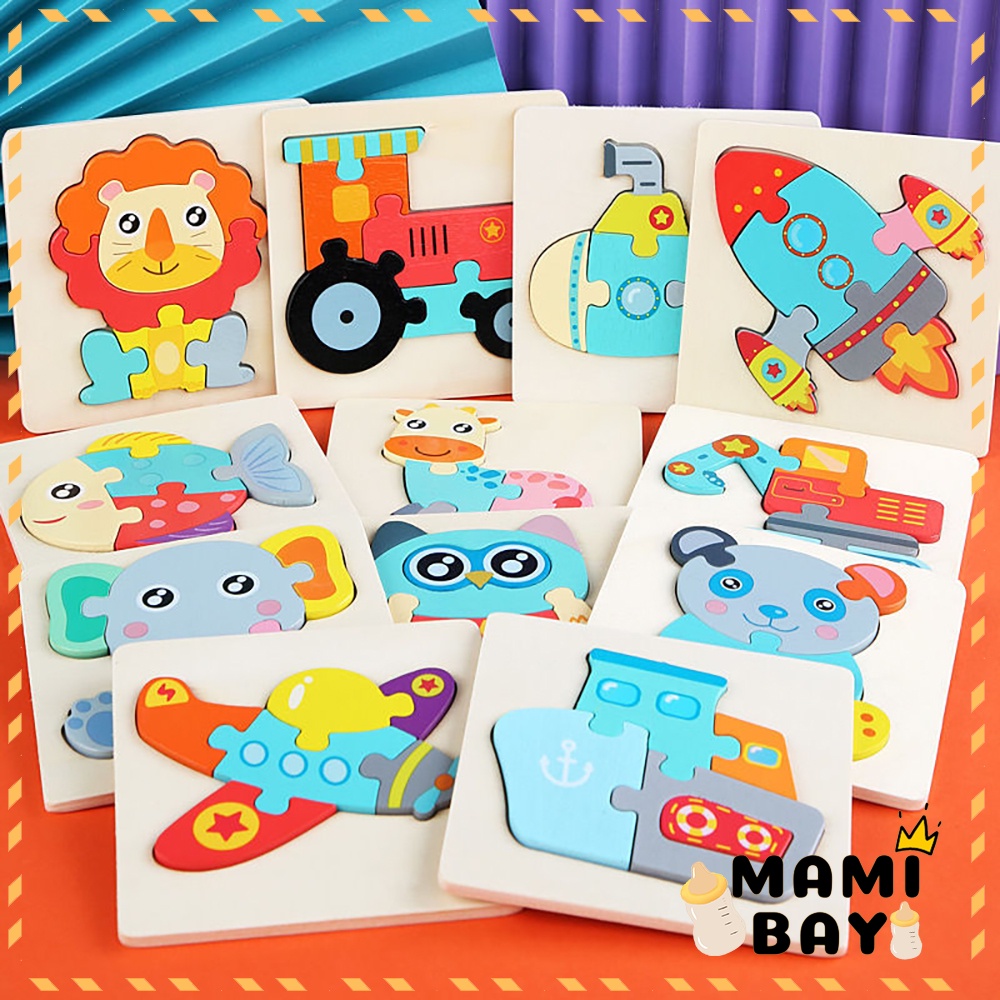 Mamibayi Puzzle kayu 3d mainan hewan Puzzle edukasi Transportasi wooden toys