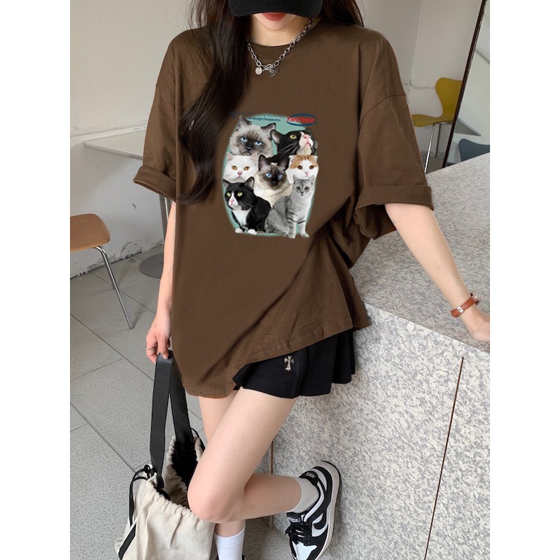 Baju Atasan Wanita Vintage Lengan Pendek Cute Cat Graphic Print T-shirt Oversize Kekinian Kaos Basic Ootd