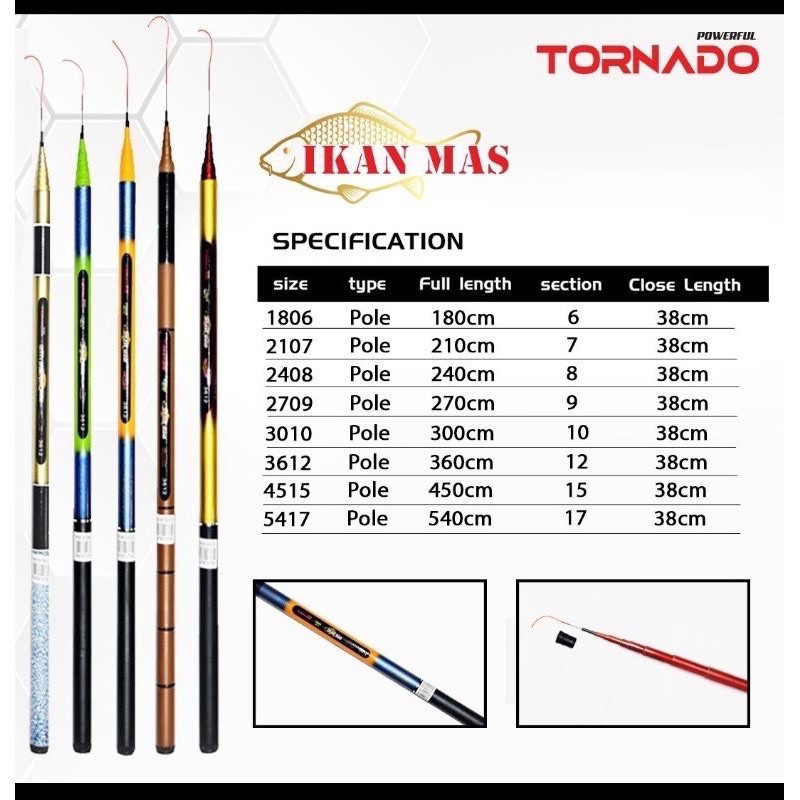 Joran Pancing Tegek/Joran Pancing Pool TORNADO IKAN MAS 240cm (Lentur) - 240cm