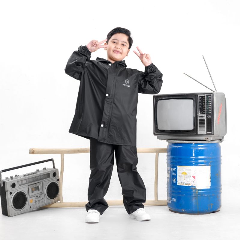 HOODJAS | Jas Hujan Setelan Anak / Raincoat Premium Bahan PVC NYLON Hitam / Mantel Anak Laki Laki Perempuan / Model Terbaru