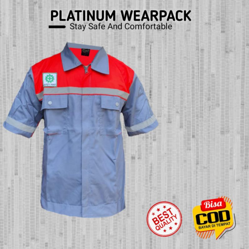 Wearpack Safety Kerja Atasan Lengan Pendek Warna kombinasi Abu Merah