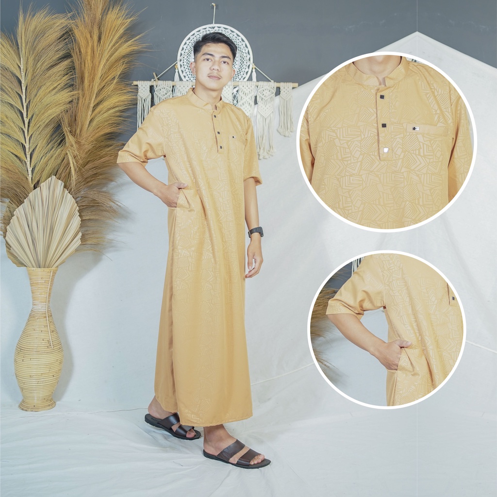 AL-KOF/gamis pria dewasa motif terbaru baju jubah laki laki lengan pendek kain embos