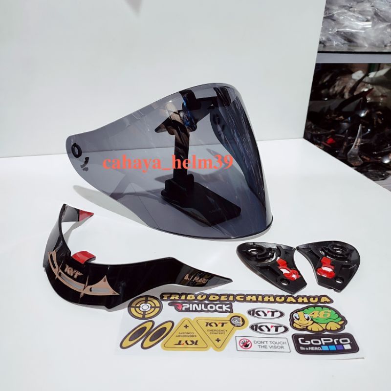 Paket Flat Visor Helm KYT DJ maru / kyt galaxy slide iridium silver / iridium blue + rachet + spoiler  + sticker visor