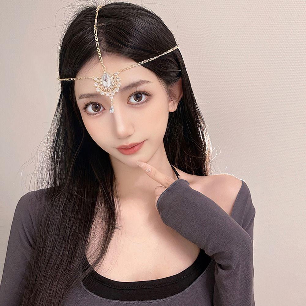 Needway Bohemia Bando Aksesoris Rambut Hadiah Untuk Gadis Retro Fashion Rambut Hoop Hanfu Hiasan Kepala Manis Headpiece Zirkon Tetesan Air Berlian Imitasi Pernikahan Bando Wanita Kepala Rantai