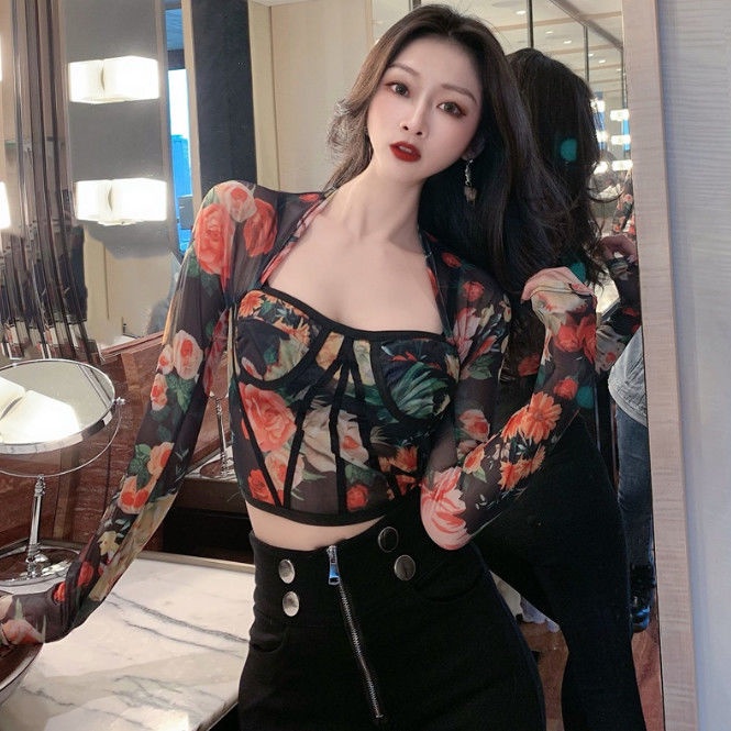 ✔☋Suhao Gaya Asing Bunga Jala Lengan Panjang Pendek Ramping Kerah Persegi Atasan Awal Musim Semi Baru All-Match See-Through bottoming T-shirt untuk Wanita