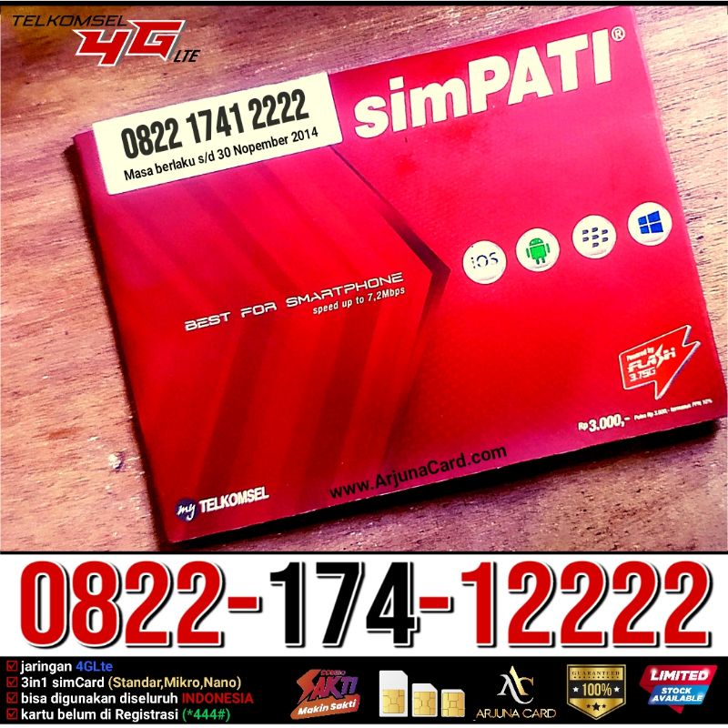 KARTU PERDANA NOMOR CANTIK SIMPATI 2222 TELKOMSEL 0822 12222 KWARTET COMBO SAKTI INTERNET