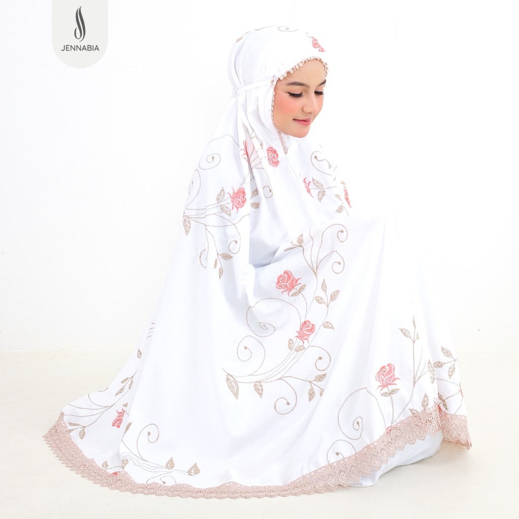 JENNABIA - Mukena Dewasa Katun Premium Bordir Platinum Bunga Rose Mewah Terbaru Murah