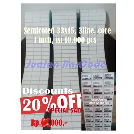 

LABEL BARCODE 33 X 15 (3 LINE) KERTAS STICKER LABEL SEMICOATED 33x15