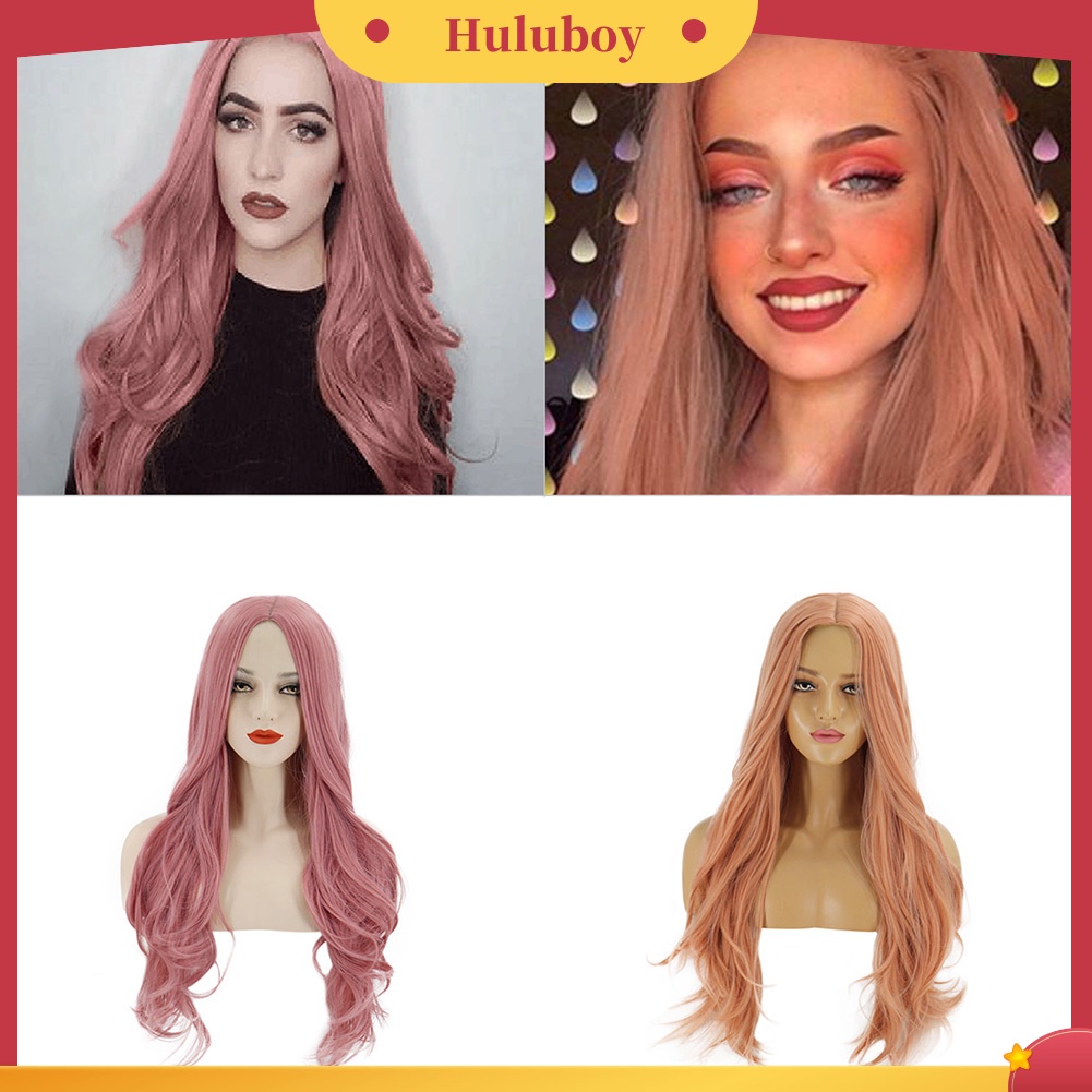Wig Rambut Ekstensi Model Panjang Keriting Tahan Panas Warna Oranye Pink Untuk Wanita