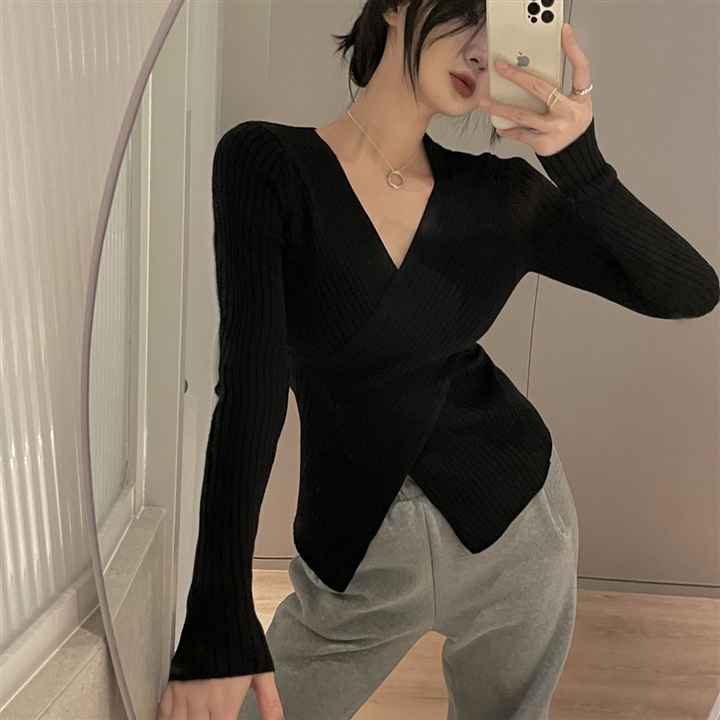 【Elegant】V-neck Cross Ribbed Knit  Solid Color Long Sleeve Top 2368