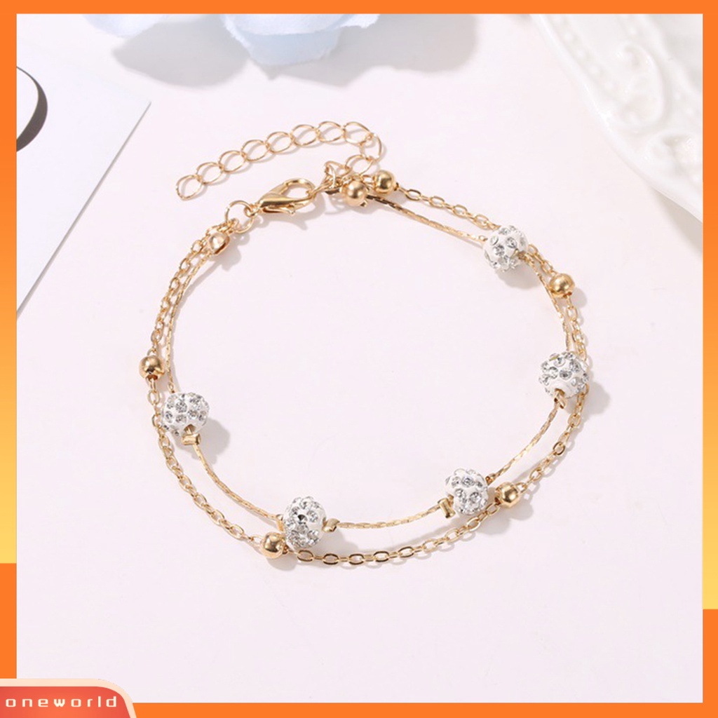 [WONE] Berlian Imitasi Bola Berlapis Ganda Wanita Gelang Kaki Alloy Beads Adjustable Rantai Anklet Aksesoris Kaki