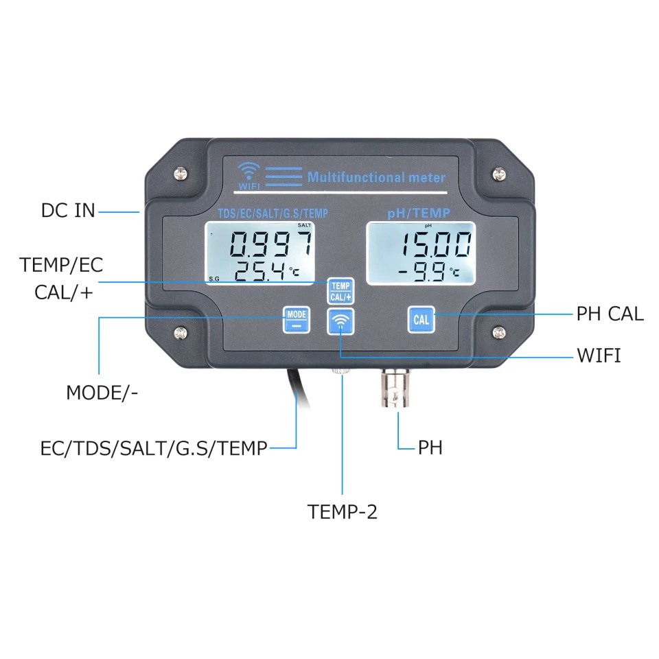 PH Meter Water Monitor WiFi 6in1 PH EC TDS Salinity SG Temperature PH-W3988