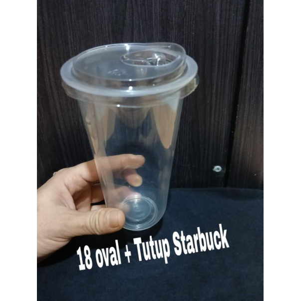 Jual GELAS PLASTIK 18 Oz Oval 8gram+TUTUP Starbucks 3 gram/Strawless