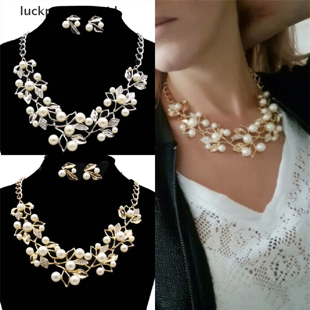 /Fashion Hot// Fashion// Mutiara Kristal Pohon Daun Kalung Anting Elegan Wanita Set Perhiasan.