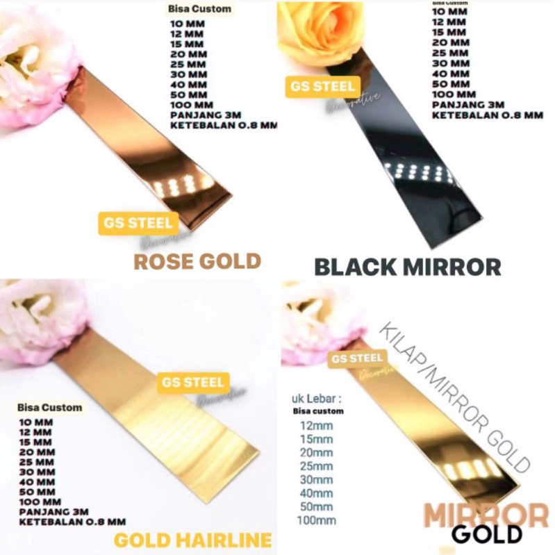 LIST PLAT STRIP MIRROR GOLD ROSE GOLD BLACK MIRROR GOLD HAIRLINE STAINLESS STEEL 201 UK LEBAR X 305CM X 0,8MM