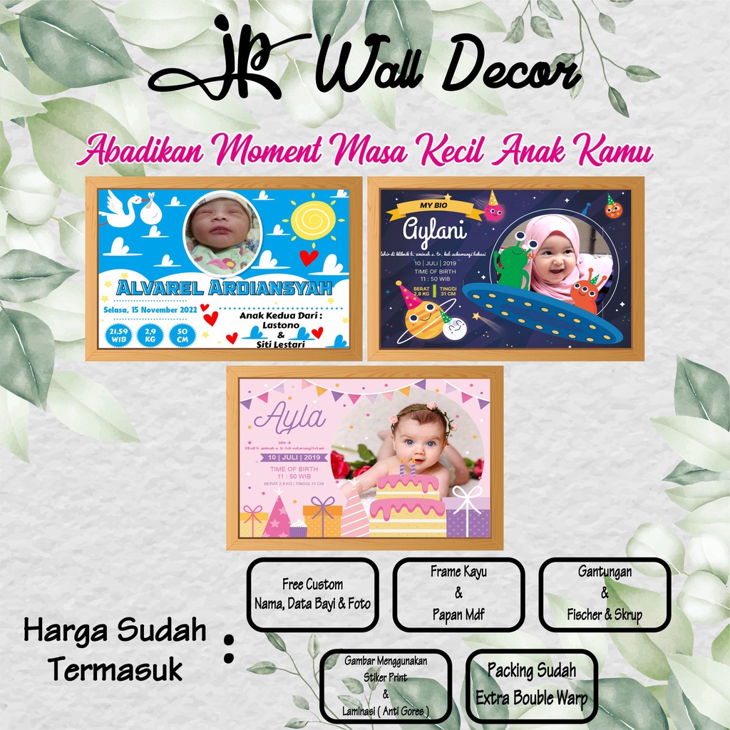 Cetak Foto Biodata Bayi Minimalis Sudah Dengan Bingkai Frame Pajangan Dinding Bio Anak Ukuran Jumbo 