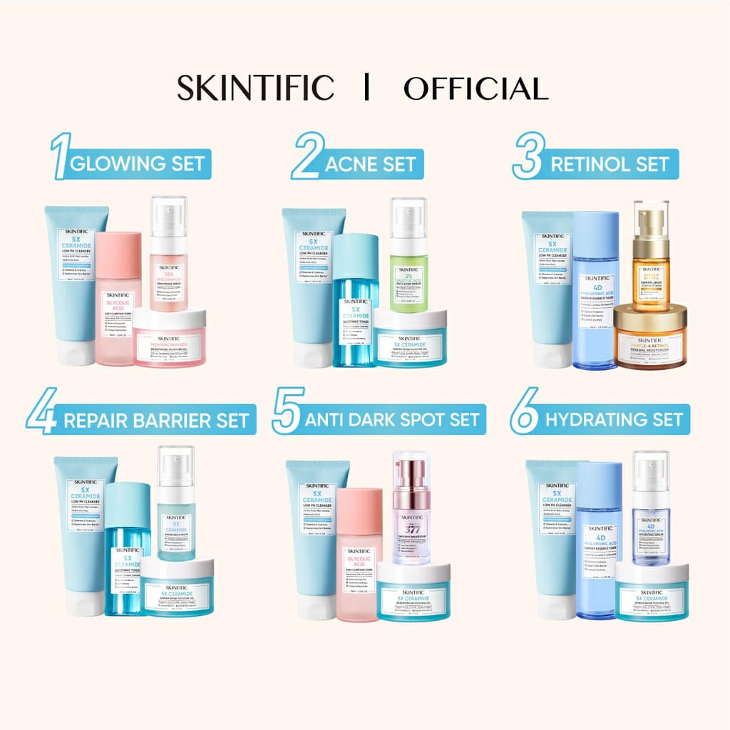 Skintific 4 pcs Paket Skincare with serum - Low pH Cleanser &amp; Barrier Repair Moisture Gel &amp; Exfoliating Toner &amp; Niacinamide Brightening Serum