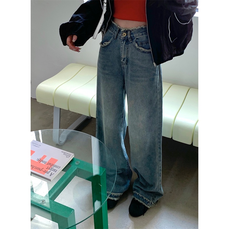 ■☼Suhao green raw edge retro jeans wanita musim gugur high waist loose all-match straight wide-leg pants mopping pants trendy