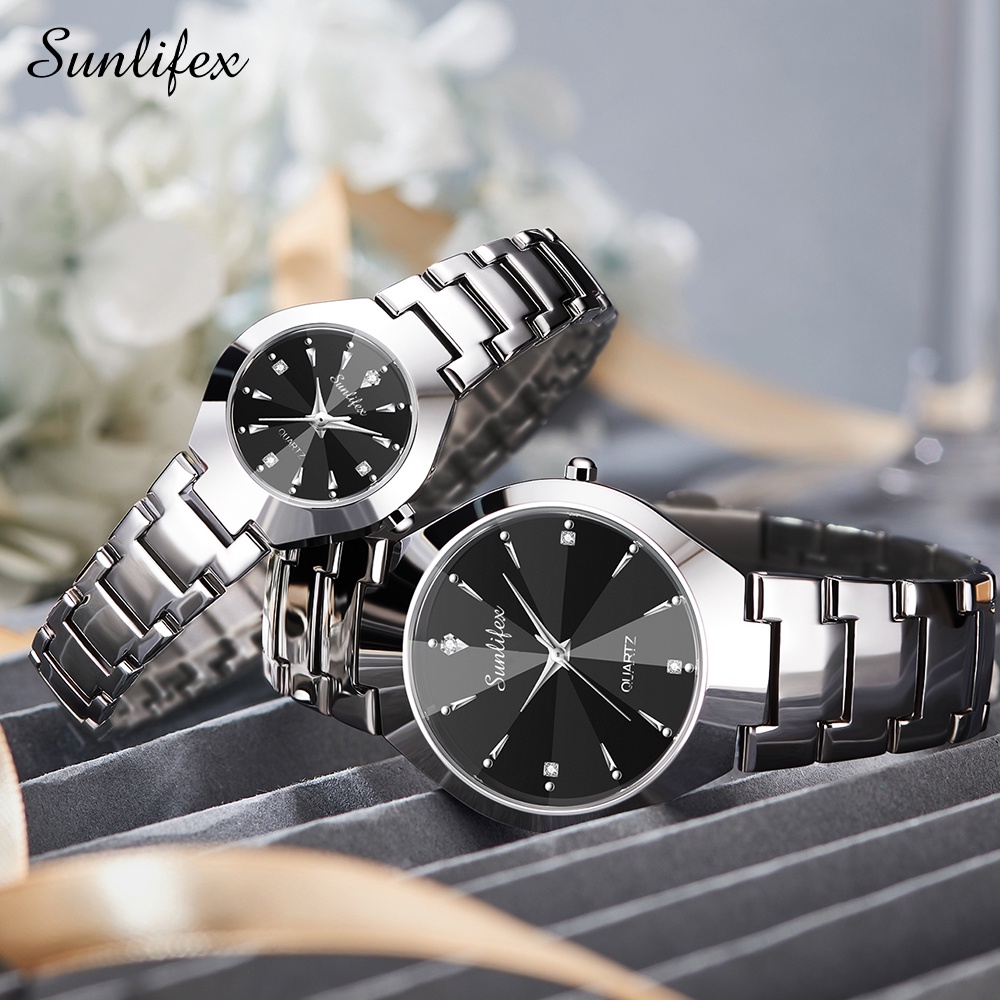 Sunlifex Jam Tangan Couple 9090-M+SL9090-W Stainless Steel Berlian Anti Air Analog Bisnis Kuarsa Jam Tangan Wanita/Pria-Perak