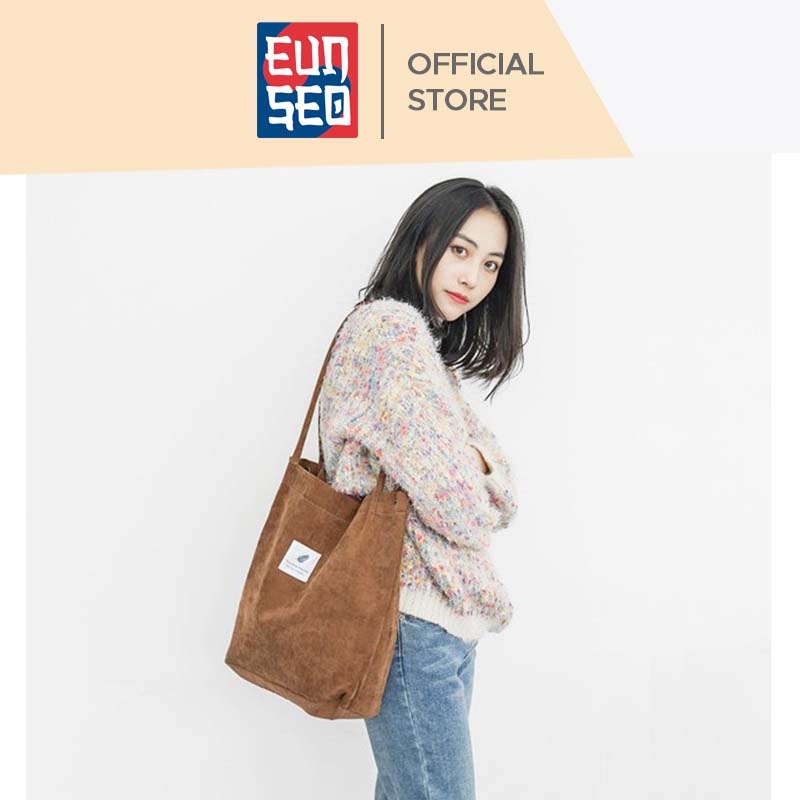 EUNSEO Tote Bag Wanita Fashion Korea Corduroy Garis Tebal Import