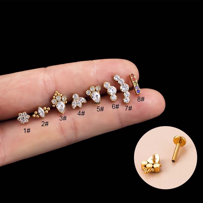 1biji Bentuk Jejak Kaki Bunga 16Gauge 8mm Panjang G23 Baja Titanium Hypoallergenic Kepala Datar Bibir Labret Helix Piercing Tulang Rawan Anting Stud