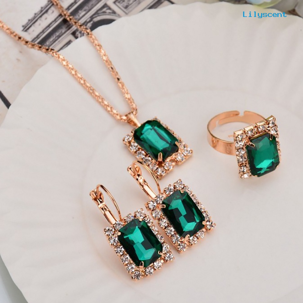 [LS] Set Perhiasan Fashion Wanita Perjamuan Pesta Pernikahan Kalung Anting Cincin Jari