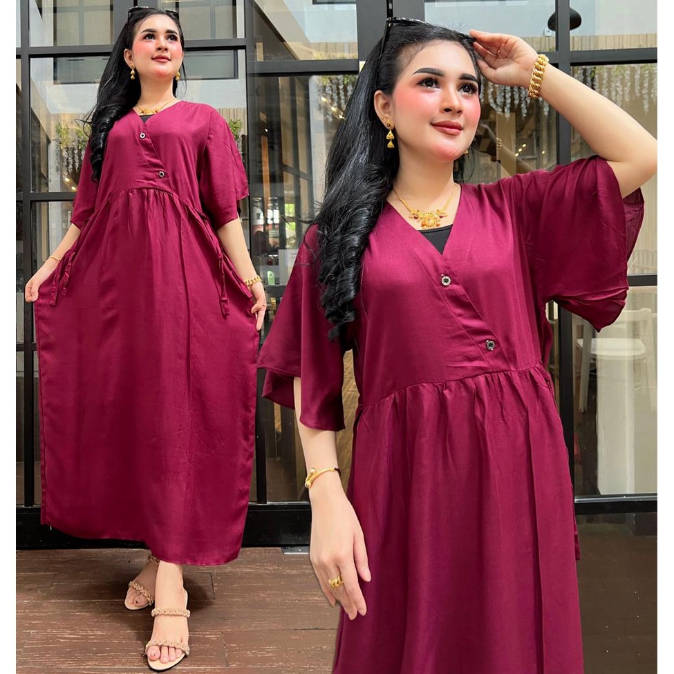 DASTER KIMONO PANJANG SEMATA KAKI | DASTER VANESSA RAYON MURAH NON RUFFLE | KEKINIAN KANCING DEPAN | DIFARINA POLKA ADEL MINTUL GARLIC