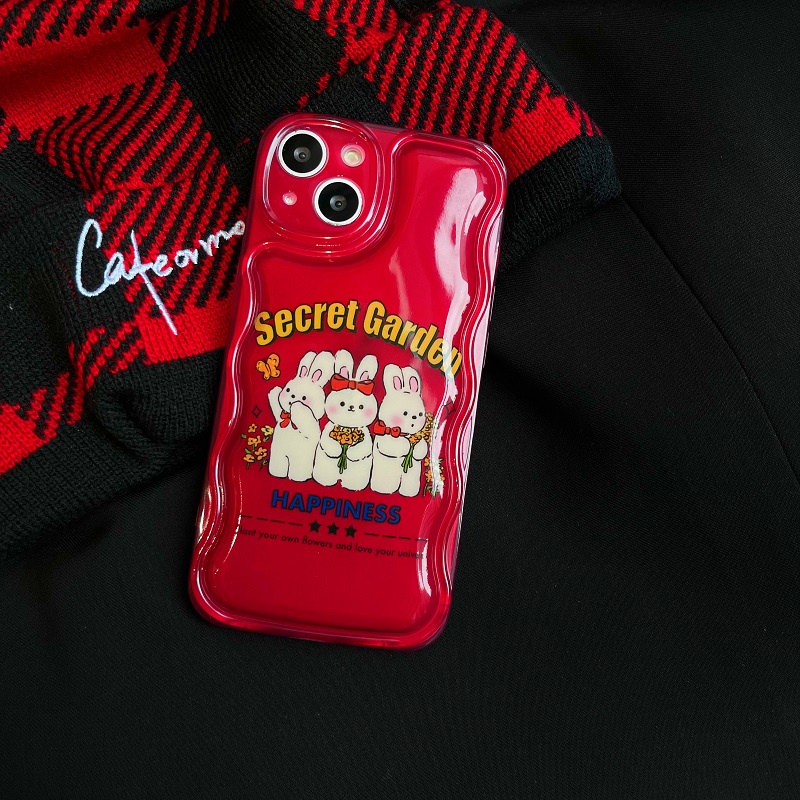 Casing Pelindung Anti-Jatuh Perbatasan Bergelombang Kelinci Lucu Merah Untuk Kamera Pelindung Iphone1412 13 Pro max iPhone 11Promax