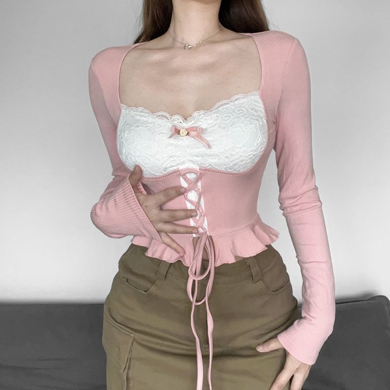 №▬◕Suhao pink Perancis keinginan murni renda ruffle tali pinggang lengan panjang gadis panas warna hit pinggang pelangsing seksi top wanita