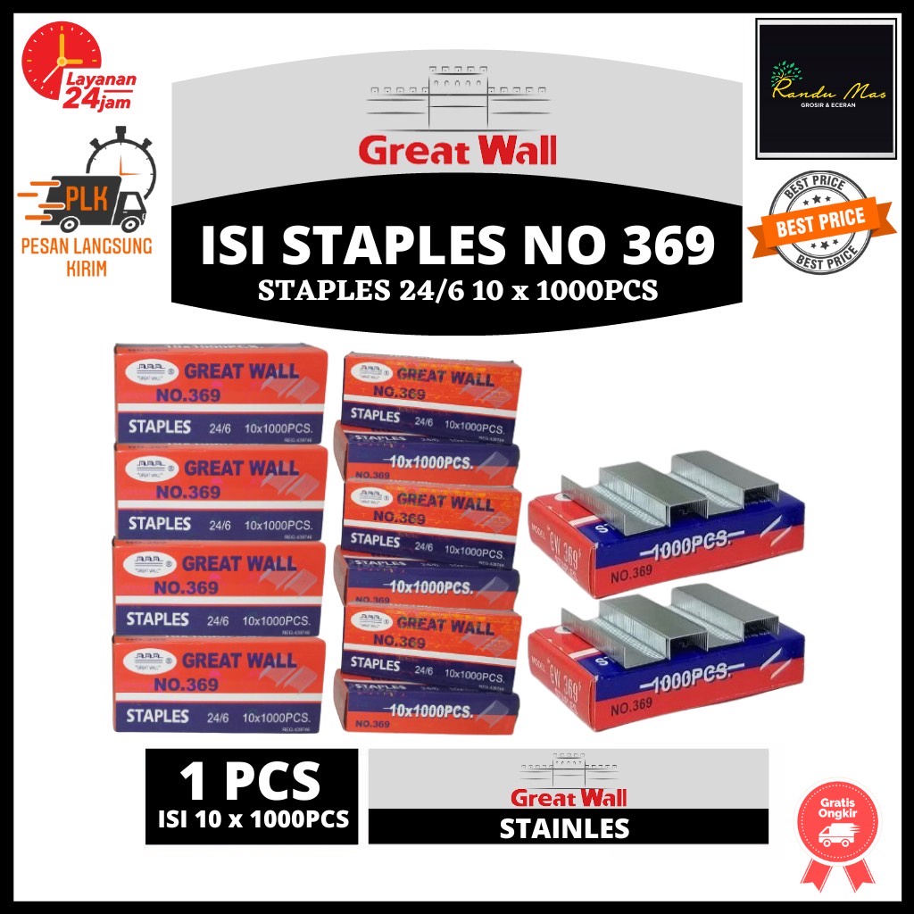 ISI STAPLES BESAR GREAT WALL NO 369 / ISI STAPLES 24/6 ISI 1000 PCS ORIGINAL